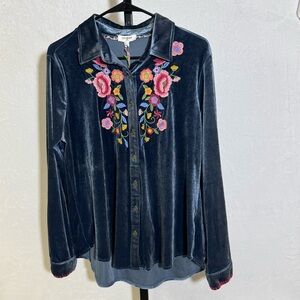 Umgee Large Navy Velvet Button-Down with Pink Floral Embroidery